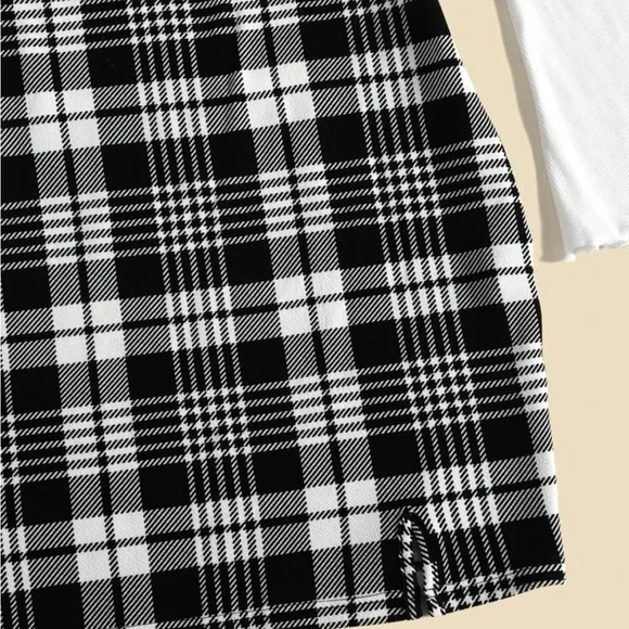 Sleeve Lettuce Trim Top& Plaid Print Cami Dress - Picture 7 of 7